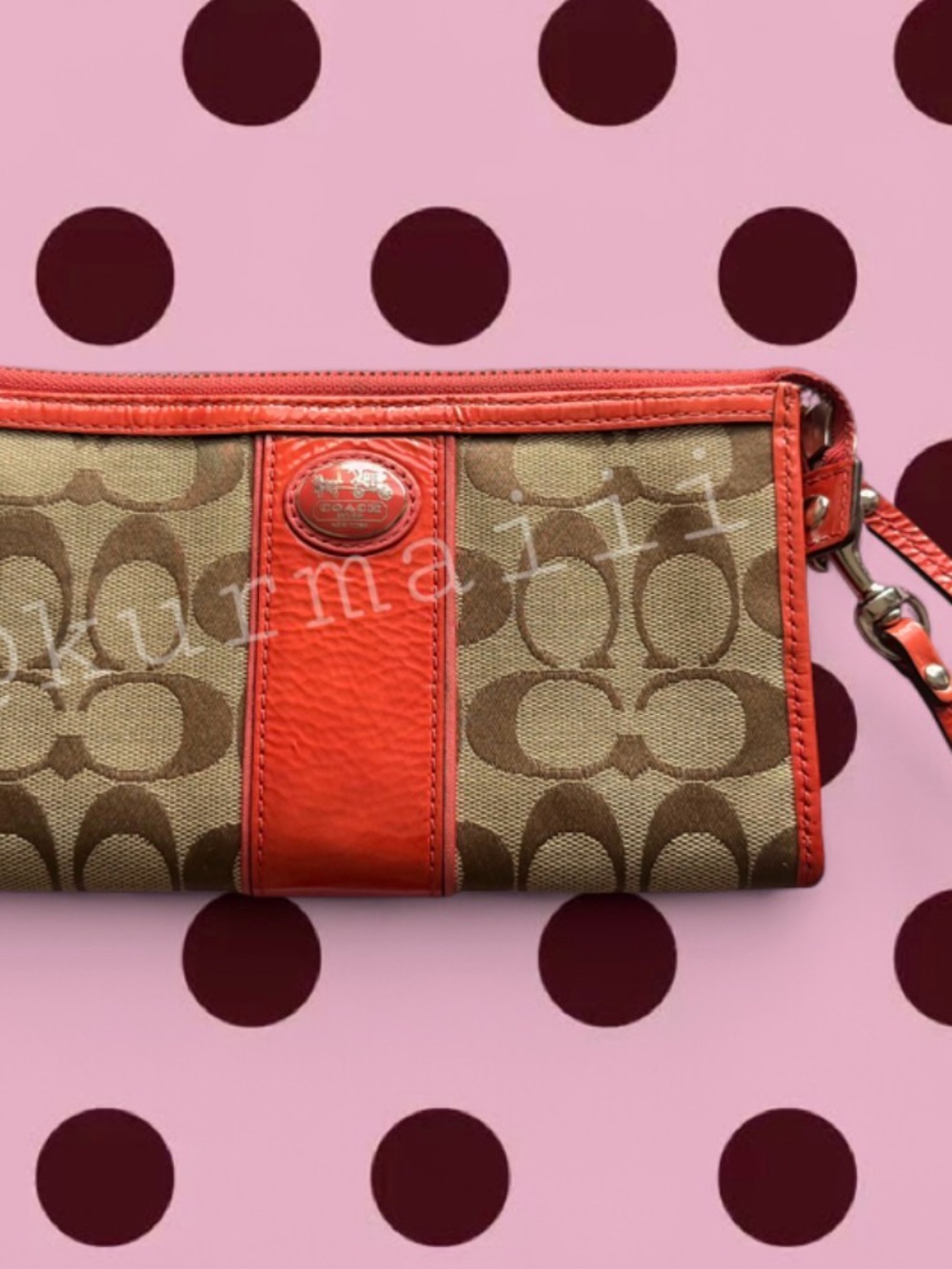 Coach Tan Signature Canvas Wristlet with Orange Leather Trim